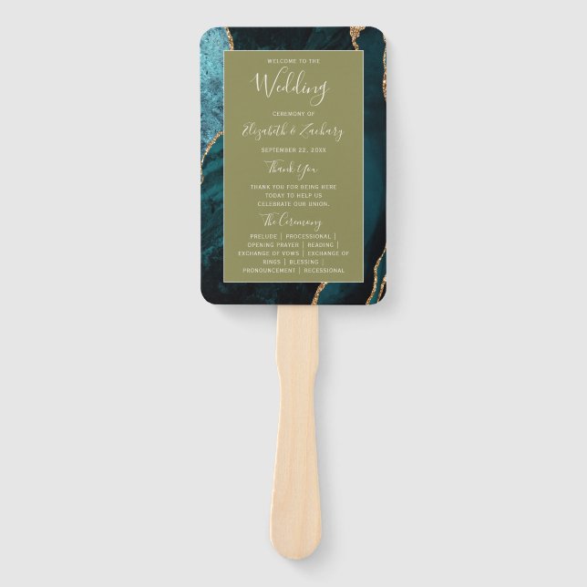 Teal Gold Agate Olive Green Wedding Program Hand Fan (Front)