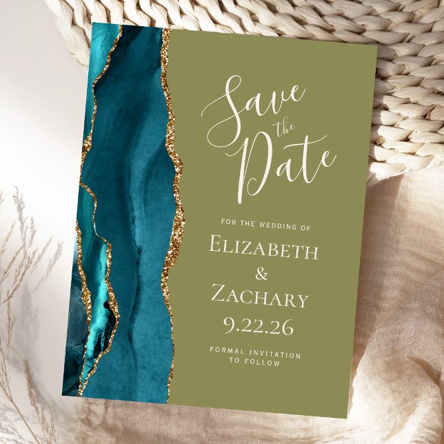 Teal Gold Agate Olive Green Wedding Save the Date Announcement Postcard (Creator Uploaded)