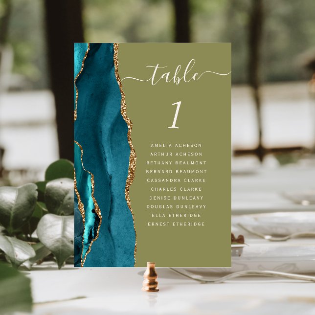 Teal Gold Agate Olive Green Wedding Table Number (Creator Uploaded)