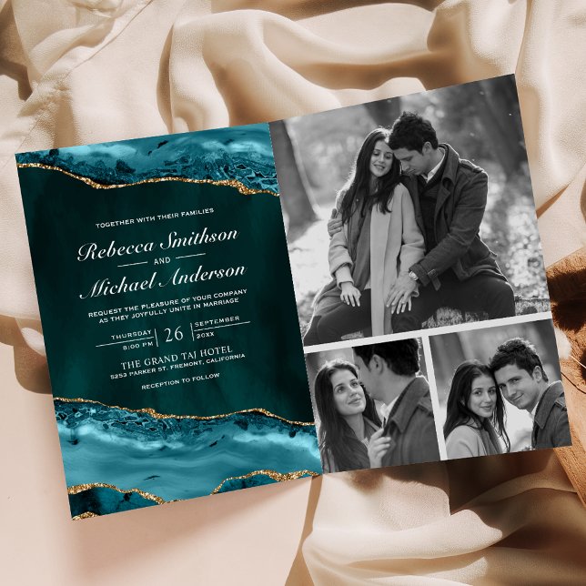 Teal Gold Agate Photo Collage QR Code Wedding Invitation (Creator Uploaded)