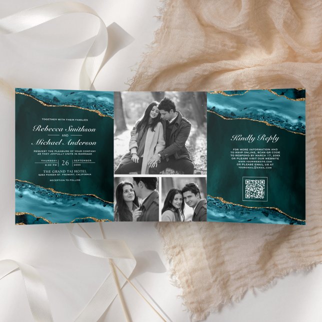 Teal Gold Agate Photo Collage QR Code Wedding Tri-Fold Invitation (Creator Uploaded)