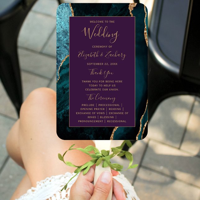 Teal Gold Agate Purple Wedding Program Hand Fan (Creator Uploaded)