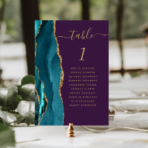 Teal Gold Agate Purple Wedding Table Number