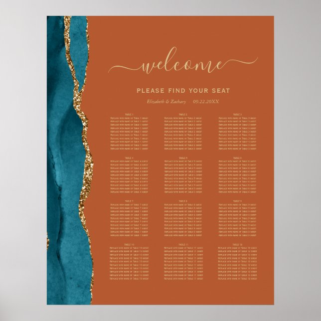Teal Gold Agate Rust 12-Table Wedding Seating Poster (Front)