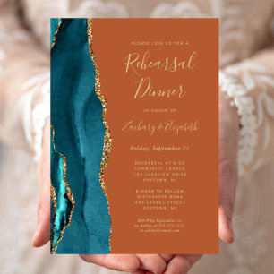 Teal Gold Agate Rust Wedding Rehearsal Dinner Invitation