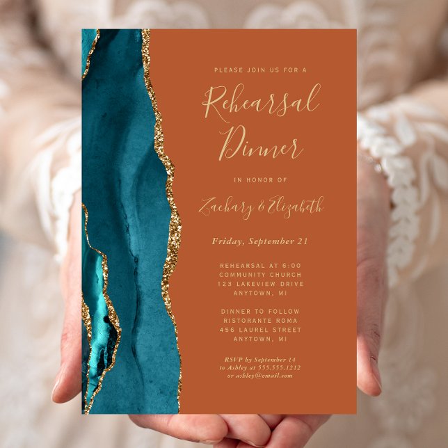 Teal Gold Agate Rust Wedding Rehearsal Dinner Invitation (Creator Uploaded)