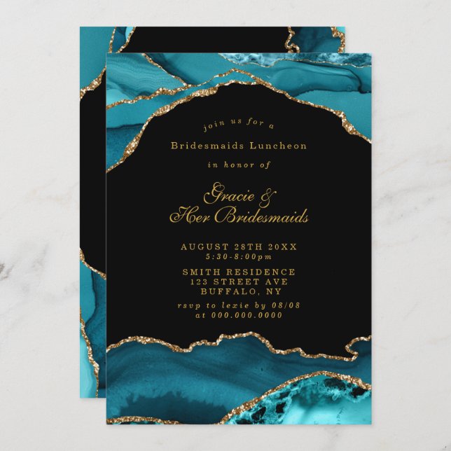 Teal Gold Agate Stone Bridesmaids Luncheon Invites (Front/Back)