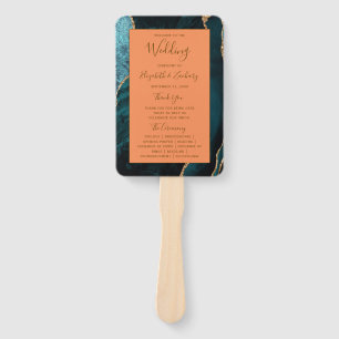 Teal Gold Agate Tangerine Wedding Program Hand Fan