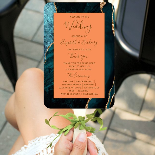 Teal Gold Agate Tangerine Wedding Program Hand Fan (Creator Uploaded)