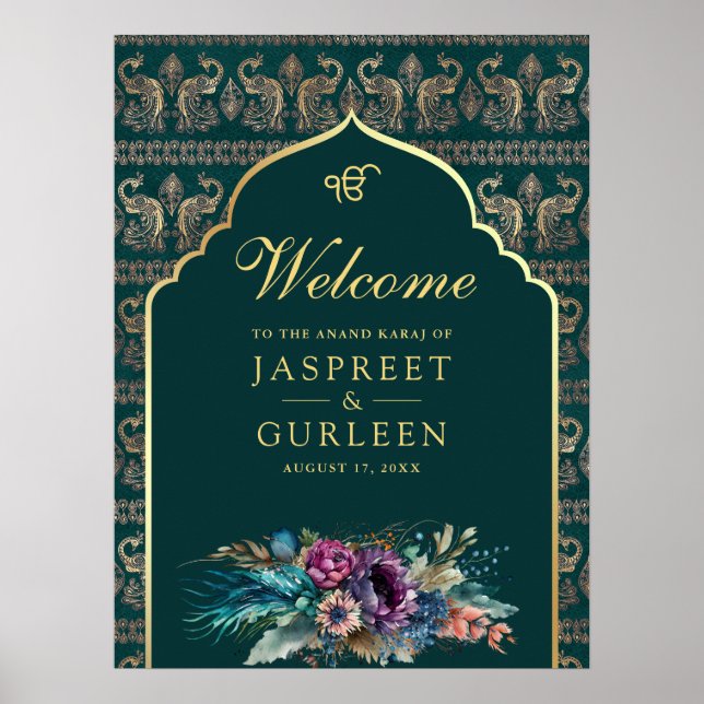 Teal Gold Anand Karaj Wedding Welcome Sign (Front)