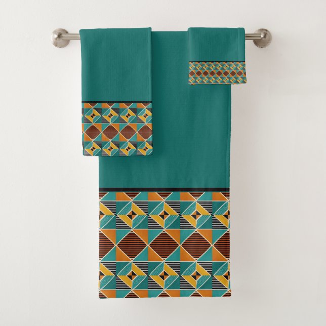 Teal Gold and Black Geometric Pattern Bath Towel Set (Insitu)
