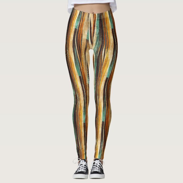 Teal Gold Art Deco Geometric Pattern Leggings (Front)