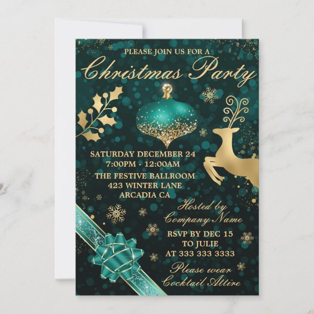 Teal & Gold Bauble & Ribbon Christmas Party Invitation (Front)