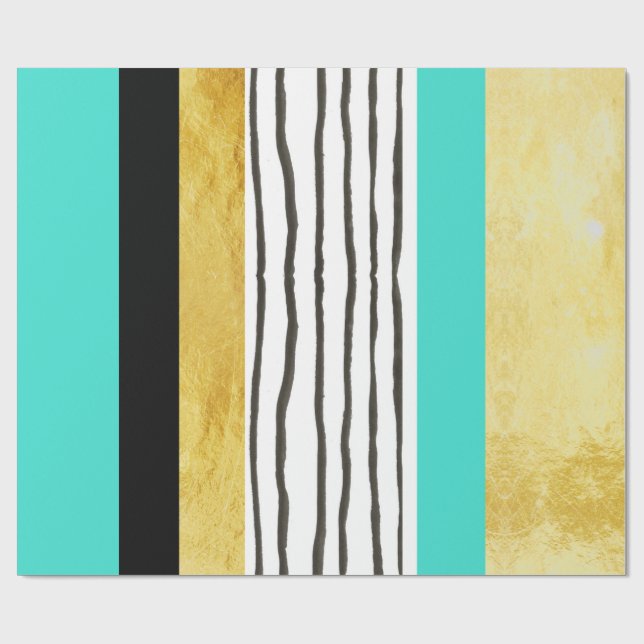Teal Gold Black and White Stripes Wrapping Paper (Flat)
