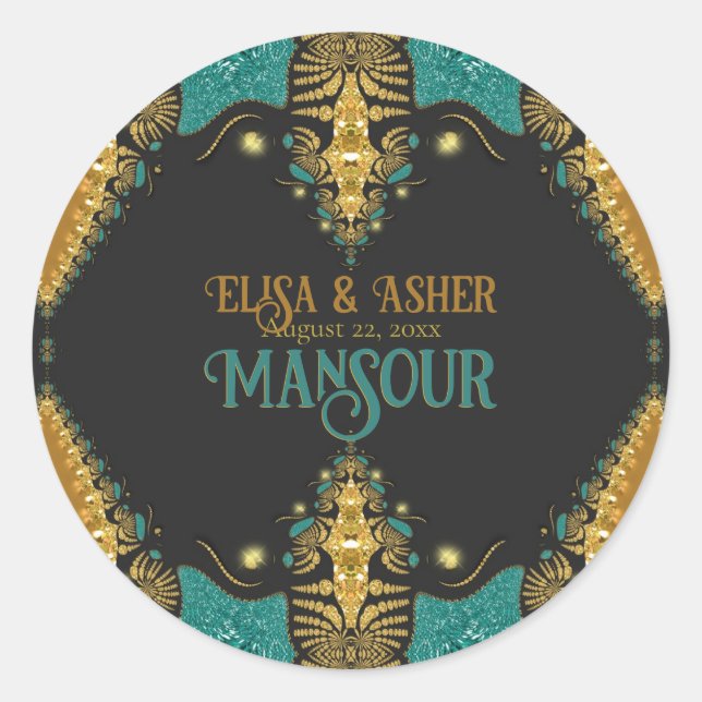 Teal Gold & Black Baroque Bohemian Tribal Beauty Classic Round Sticker (Front)