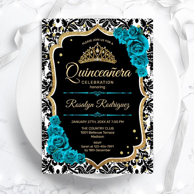 Teal Gold Black Damask Elegant Quinceanera Invitation (Creator Uploaded)