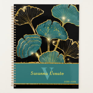 Teal Gold Black Ginkgo Leaf Botanical Art Planner