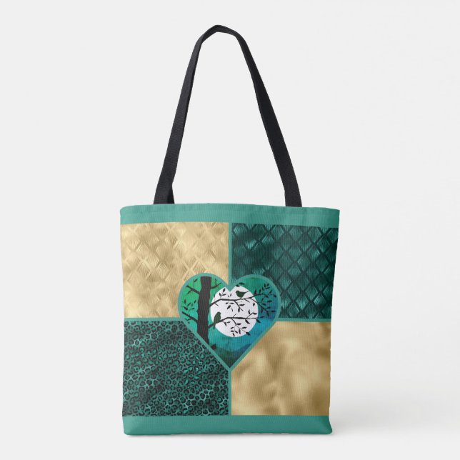 Teal, Gold & Black Moonlight Birds Tote Bag (Back)