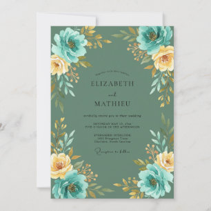 Teal Gold Blossom Wedding Invitation