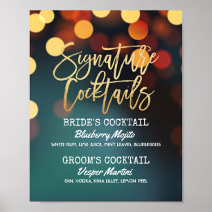Teal Gold Bokeh Light Wedding Signature Drink Menu Poster