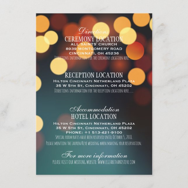 Teal Gold Bokeh Lights Wedding Details Information Enclosure Card (Front)