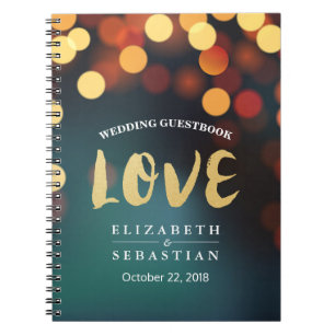 Teal Gold Bokeh String Lights Wedding Guestbook Spiral Notebook