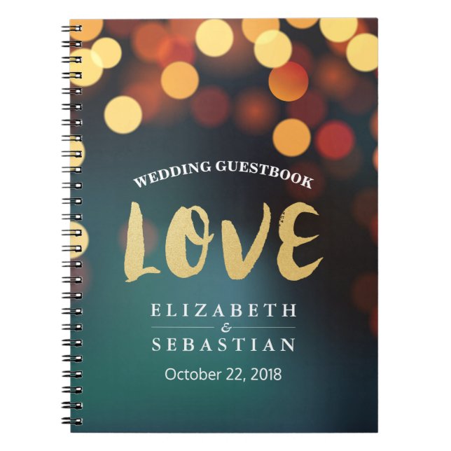 Teal Gold Bokeh String Lights Wedding Guestbook Spiral Notebook (Front)