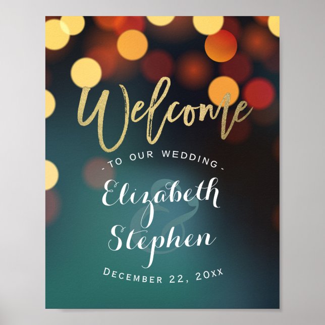 Teal Gold Bokeh Welcome Wedding Reception Sign (Front)