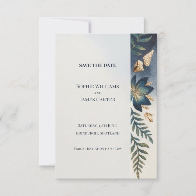 Teal Gold Botanical Save The Date Card (Front)