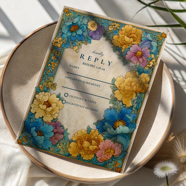 Teal Gold Botanical Wedding RSVP Card (Creator Uploaded)