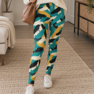 Teal Gold Brushstroke Animal Print Leggings