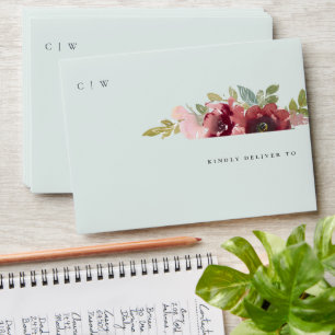 Teal Gold Burgundy Floral Teacup Monogram Address Envelope