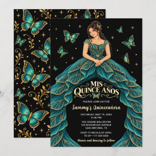 Teal Gold Butterfly Princess Quinceañera Invitation