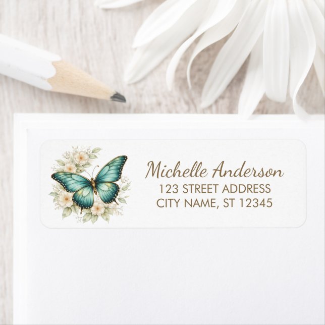 Teal Gold Butterfly with Delicate  Return Address  (Insitu)
