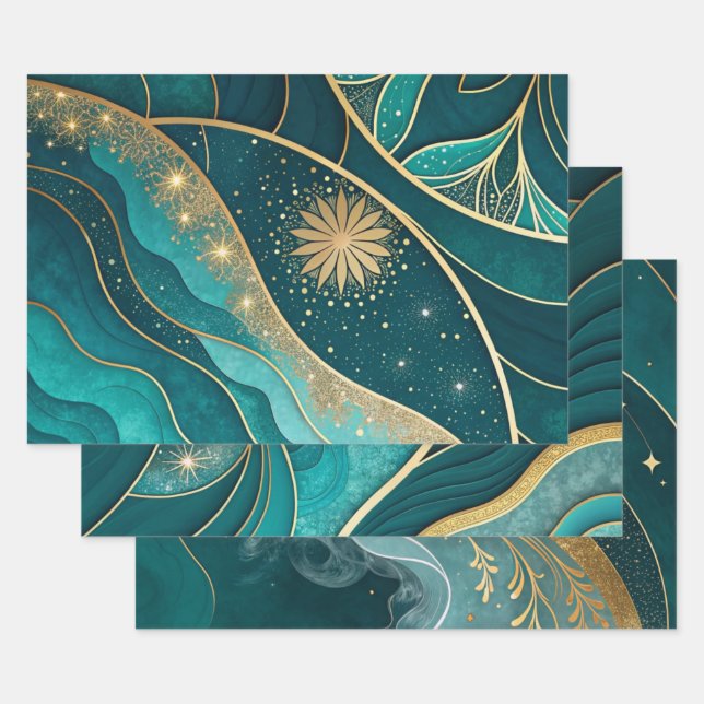 Teal Gold Celestial Floral Marble Abstract Design Wrapping Paper Sheet (Set)