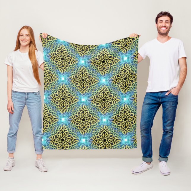Teal & Gold Celtic Knot Pattern Fleece Blanket (In Situ)