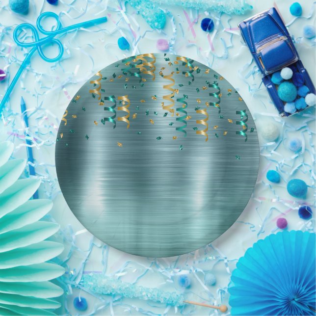 Teal Gold Confetti Birthday Paper Plate (Party)