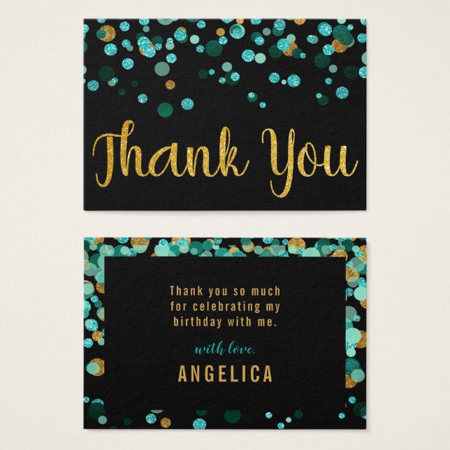 Teal Gold Confetti Black Birthday Thank You (Front & Back)