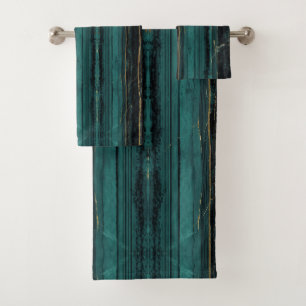 teal Gold cream Metallic Black Marble Stripes Bath Towel Set