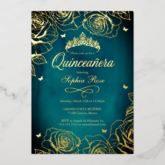 Teal Gold Crown Roses Theme Quinceanera  (Front)