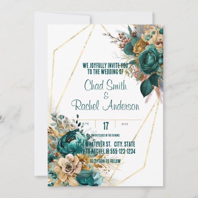 Teal & Gold Custom Wedding Invitation (Front)