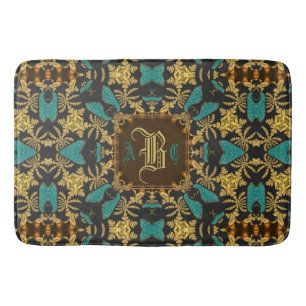 Teal Gold Damask Esque Pattern Monogram Bath Mat