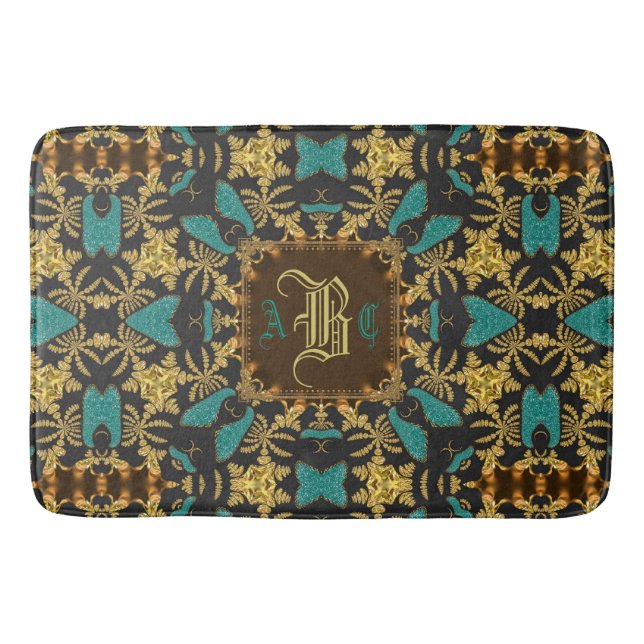 Teal Gold Damask Esque Pattern Monogram Bath Mat (Front)