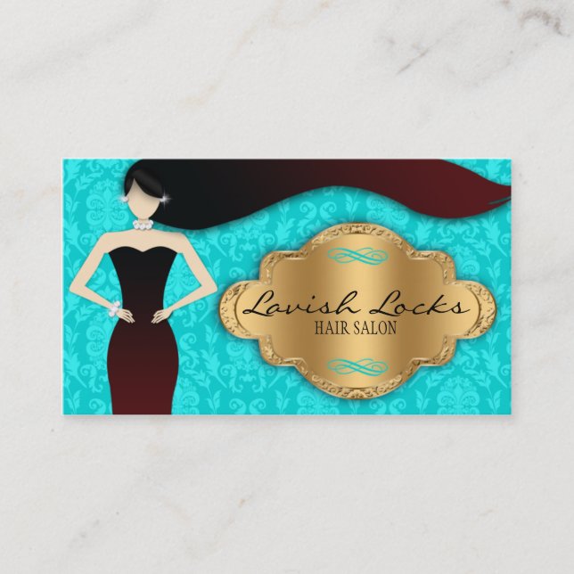 Teal Gold Damask Hair Stylist Salon Business Card (Front)