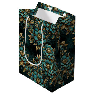 Teal & Gold Dark Grunge Flowers Medium Gift Bag