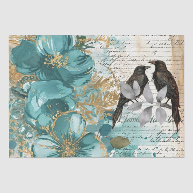 Teal & Gold Distressed Floral & Ravens Tissue Paper (Front)