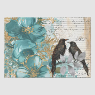 Teal & Gold Distressed Floral & Ravens Tissue Paper