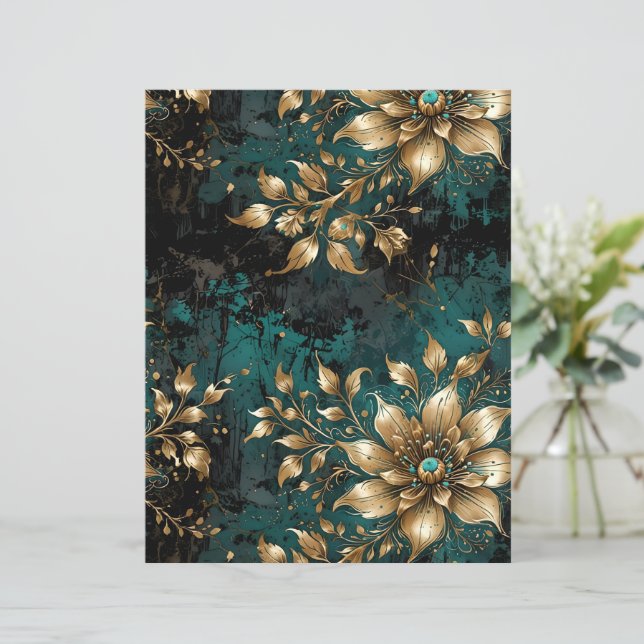 Teal & Gold Distressed Grunge Floral (Standing Front)