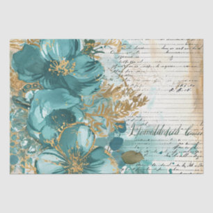 Teal & Gold Distressed Vintage Inspired Floral Tissue Paper