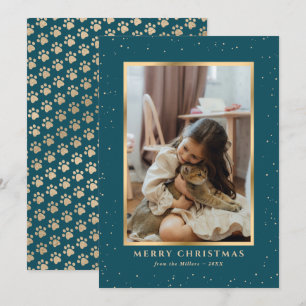 Teal Gold Dog Cat Paws Snow Photo Christmas Card